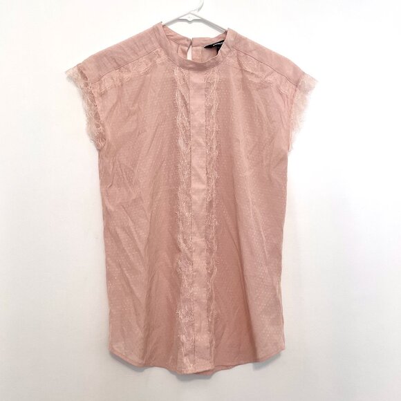 EXPRESS Light Baby Pink Textured Swiss Dot Lace Trim High Neck Coquette Blouse S - Picture 1 of 11